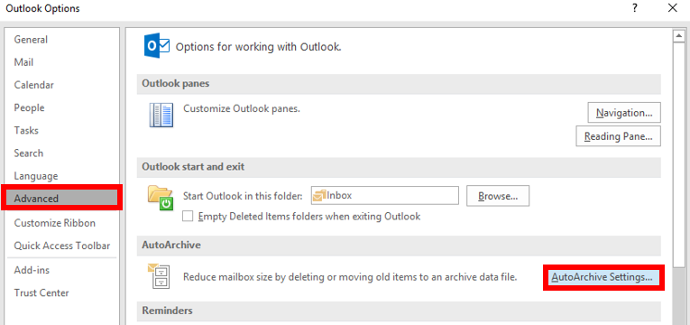 Outlook Archive Settings